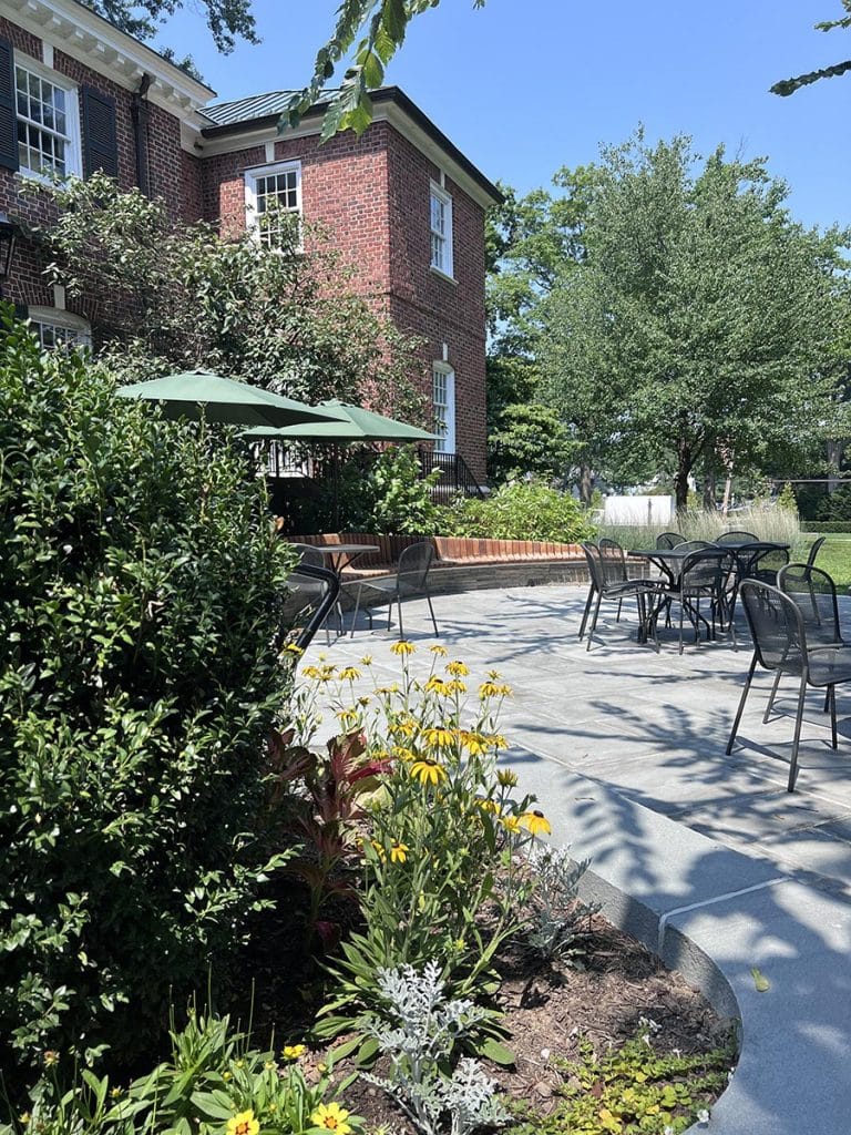 Bronxville Public Library exterior with flowers